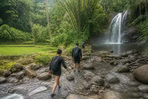 Hikers crossing a shallow jungle stream toward a modest waterfall and pool