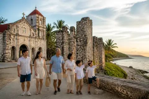 Family walking past Oslob church and coastal ruins