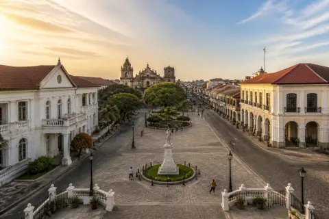 Plaza Salcedo civic square with St. Paul Cathedral and heritage façades in Vigan