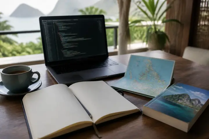 travel writer's workspace with notebook, laptop and Philippine map on wooden table