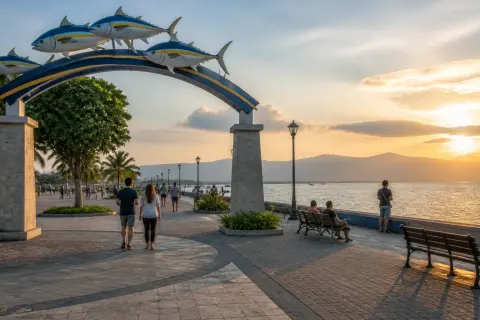 Queen Tuna Park promenade with tuna arch and Sarangani Bay at late afternoon