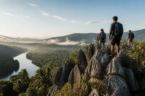 Hikers on a limestone ridge overlooking a river valley in Rizal Province