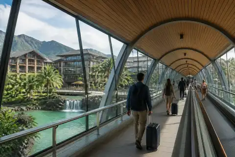 Enclosed pedestrian bridge with moving walkways linking NAIA Terminal 3 to Newport City