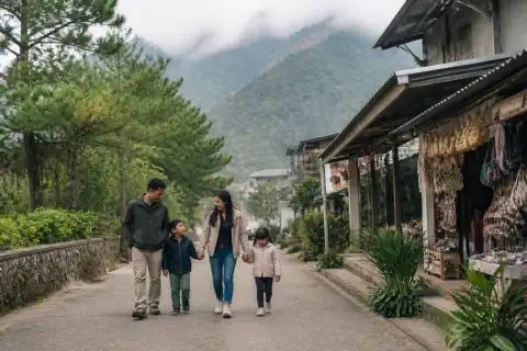 Family walking through Sagada town with pine trees and misty hills