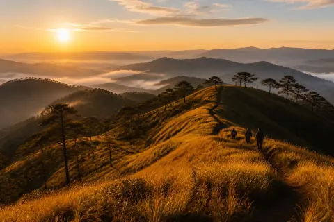 Sunrise over Marlboro Hills with pine ridges and layered mountain peaks