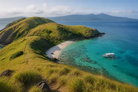 Grassy ridge and white-sand cove on Sambawan Island with clear water and an anchored boat