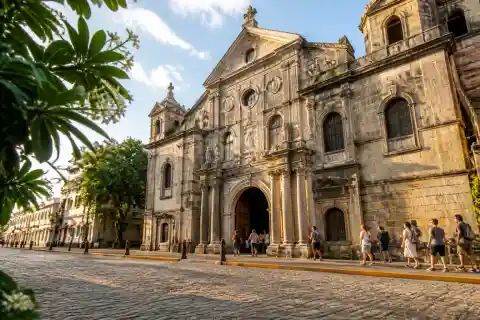 San Agustin Church stone façade on General Luna Street, Intramuros, with visitors