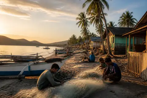 Fishermen preparing nets beside boats on a San Vicente barangay shore at sunrise