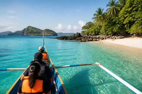 Wooden banca approaching a quiet sandy cove near Port Barton, San Vicente