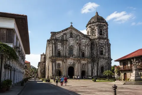 Taal Basilica façade and town plaza with heritage houses