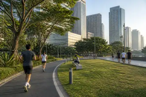Track 30th in BGC with paved running loop, lawn and surrounding towers