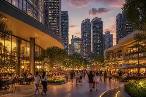 Uptown Bonifacio plaza and Uptown Mall at dusk with towers and lit restaurants