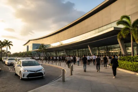 World Trade Center Metro Manila exterior with visitors and taxis