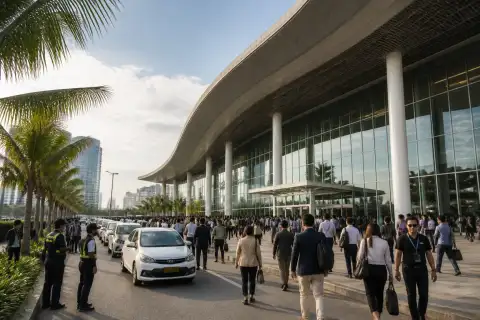 Exterior of World Trade Center Metro Manila during an event with visitors and taxis