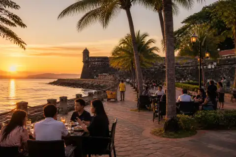 Paseo del Mar waterfront at sunset with Fort Pilar in the background