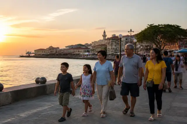 Family walking along Paseo del Mar waterfront in Zamboanga at sunset