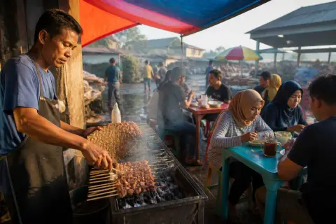 Early-morning satti stall grilling skewers with local patrons in Zamboanga