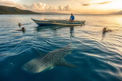 Small boat and swimmers observing a whale shark off Donsol coast