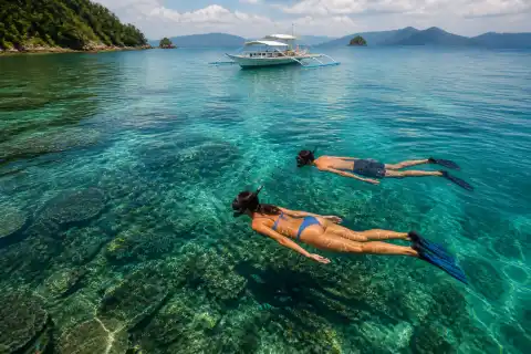 Snorkelers over shallow coral reef with island-hopping boat in Port Barton Bay