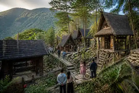 Hillside with reconstructed Cordillera houses and galleries at Tam‑Awan Village, Baguio