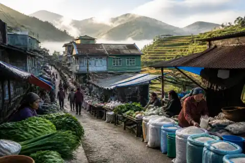 Banaue public market stalls and vendors with terraces in the distance