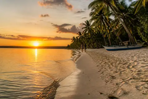 Paliton Beach at sunset with coconut trees and people on the sand