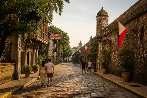 Pedestrians walking alongside colonial walls in Intramuros, Manila at golden hour