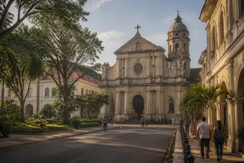 San Pedro Cathedral and civic core with pedestrians in downtown Davao