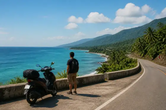 Coastal road near Moalboal with sea and distant highland ridges