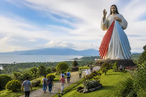 Divine Mercy statue on hilltop overlooking Macajalar Bay at the shrine in El Salvador