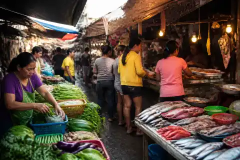 Early-morning Dumaguete public market with food stalls and locals