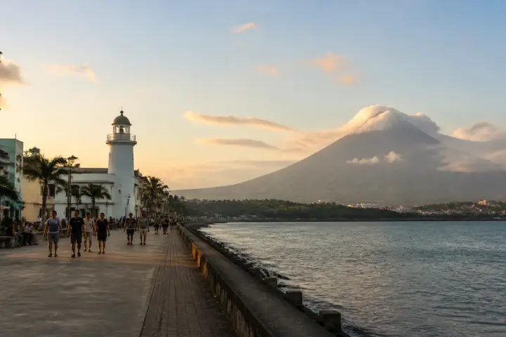 Embarcadero de Legazpi waterfront promenade and lighthouse with Mayon Volcano in the distance