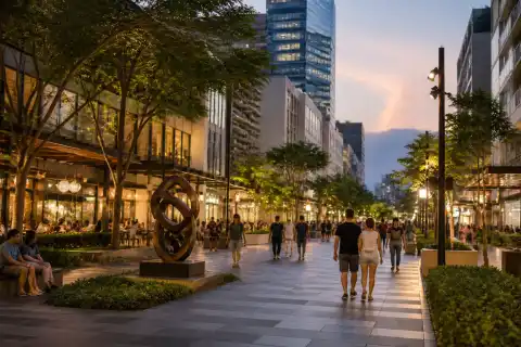 Pedestrian view of Bonifacio High Street in BGC with shoppers and modern buildings at dusk