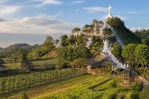 Visitors ascending Garin Farm's stair pilgrimage with farm fields below and white hilltop installation