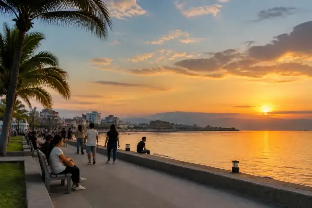 Sunset over Queen Tuna Park waterfront with people and Sarangani Bay