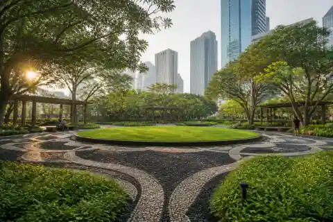 Kasalikasan Garden with circular grass stage, pebbled paths and trees in BGC