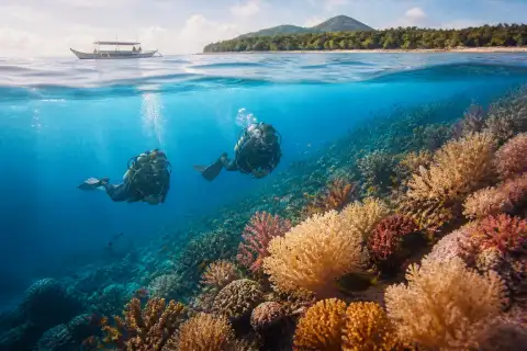 Scuba divers over a gentle coral slope near Apo Island with an outrigger boat and shoreline in the background