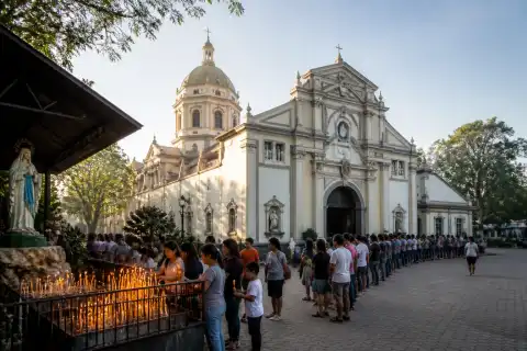 Manaoag Basilica courtyard with pilgrims lighting candles and queuing