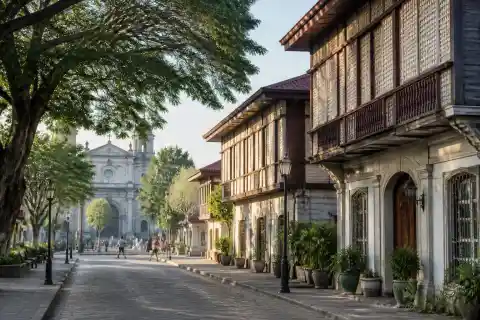 Tree-lined street and ancestral house façades in Silay Heritage District with pedestrians