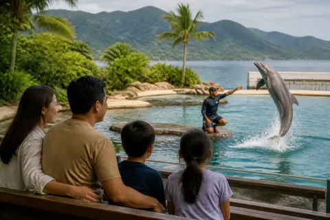 Family watching a dolphin presentation at a Subic marine park