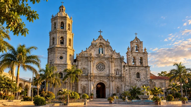 Historic basilica and tropical plaza representing Agoo Basilica and nearby places in La Union