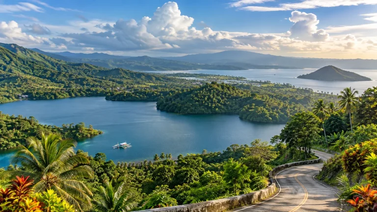 Lush tropical Leyte landscape with blue water, green mountains and a winding road, representing regional day trips