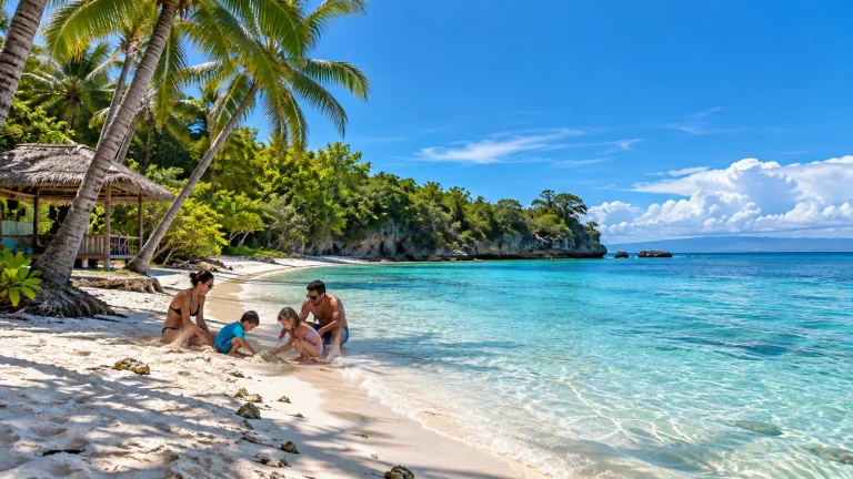 Family playing beside a clear tropical beach in Anda, Bohol, representing family-friendly activities
