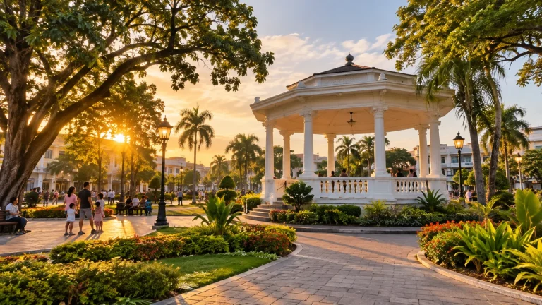 Tropical public plaza with bandstand and heritage church, representing free attractions in Bacolod