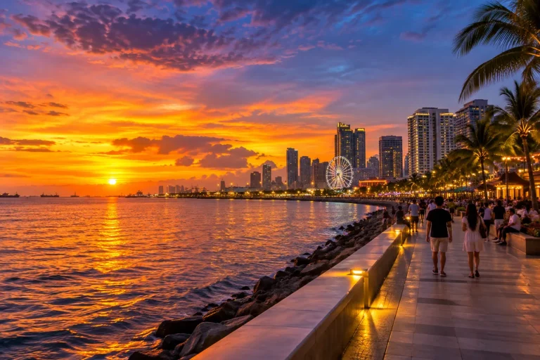 Manila Bay sunset beside a lively Pasay waterfront promenade and evening skyline