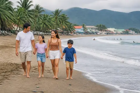 Family walking on Sabang Beach with gentle surf and town in background