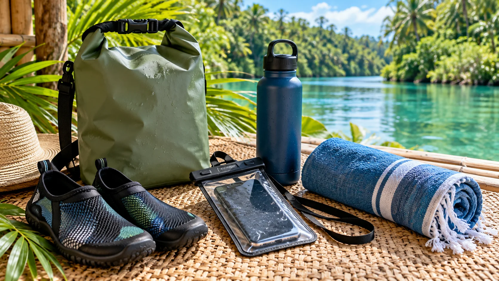 Travel gear for a Siargao river day including a dry bag, water shoes, waterproof phone pouch and quick-dry towel