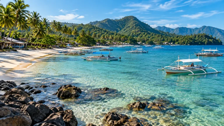 Tropical Palawan bay with banca boats and palm-lined beach, representing Port Barton travel
