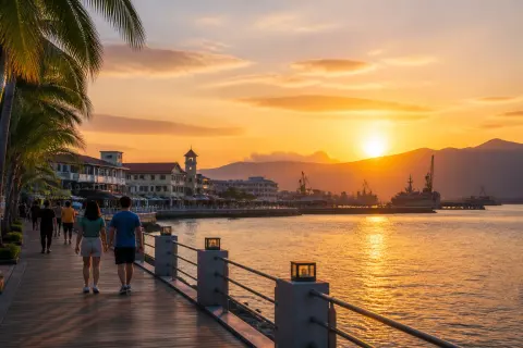Sunset over the Subic Bay boardwalk with waterfront reflections