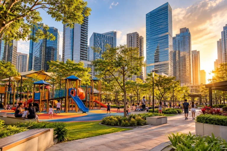 Urban park in BGC with colorful playground and modern skyline, representing Terra 28th and nearby places